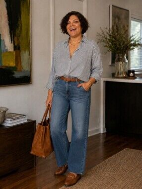Chico's Blue & White Striped V-Neck Blouse